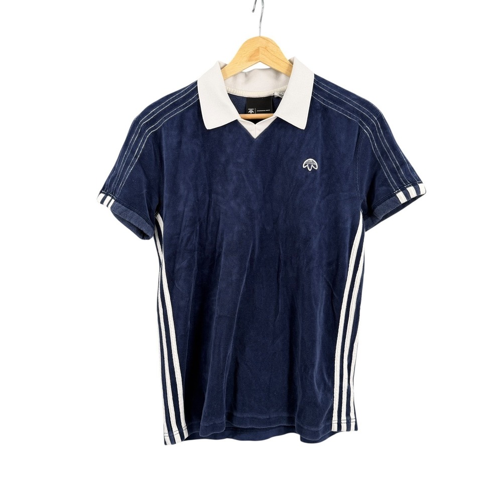 Adidas x Alexander Wang Velour Polo Shirt Navy‎ Blue White Stripes XS Mens